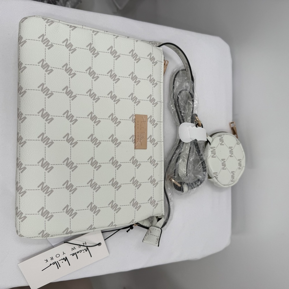 Nicole Miller Crossbody Bag Womens One Size Creme Bone Monogram Purse New - Picture 3 of 10